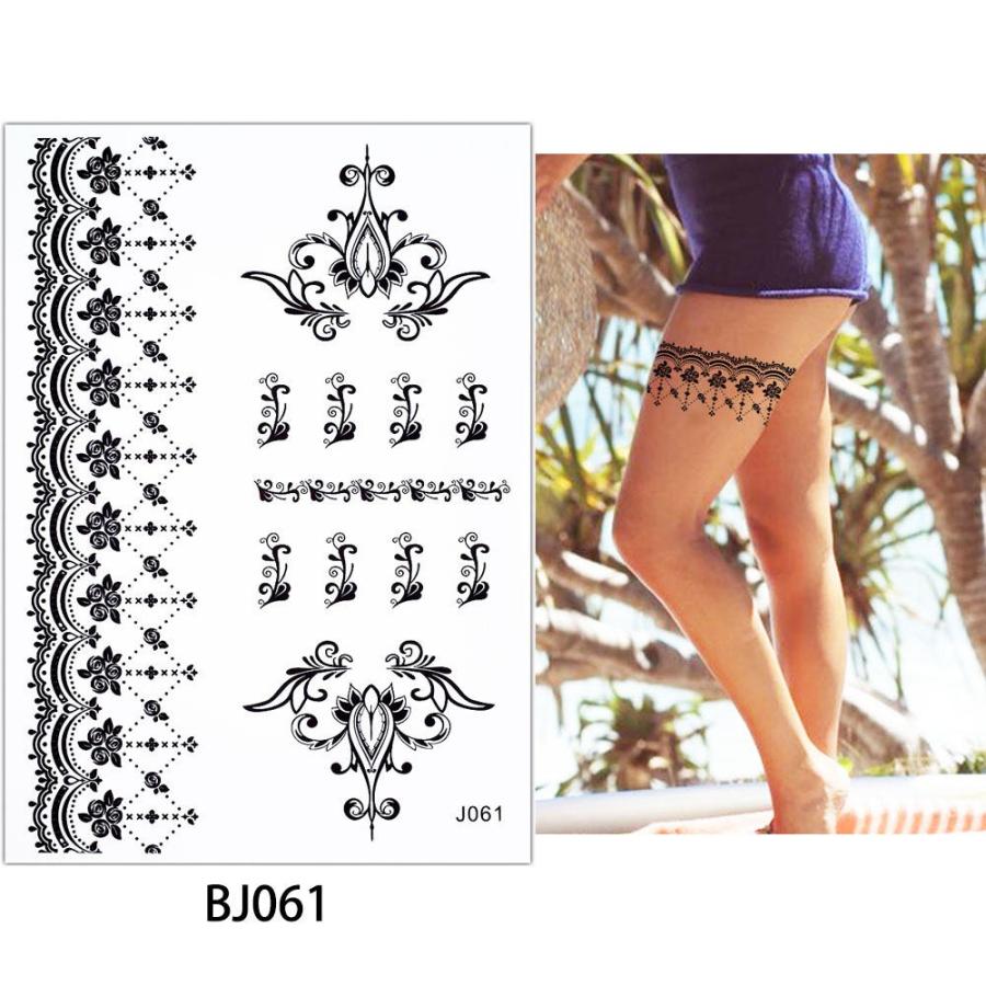 タトゥーシール 防水 大判 花 ライン ヘナ フラワー ヘナタトゥー J061 刺青 入れ墨 墨 隠す モノクロ 白黒 ボディアート タトゥー シール リアル オマケ付 公式通販