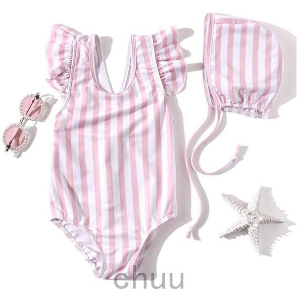 発売モデル 水着 女の子 ベビー水着 女児 ワンピース 子供用 こども みずぎ かわいい 赤ちゃん レッスン スイムウェア ストライプ キャップ付き 2点セット 80 130