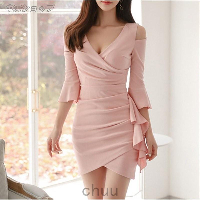 ワンピース ヒップラップ 深いvネック 肩出し 無地ミニ丈ワンピース ベルスリーブ フリル付き 着痩せ 七分袖 レディース 春夏 二次会 通勤 仕事 ファッション 期間限定特別価格