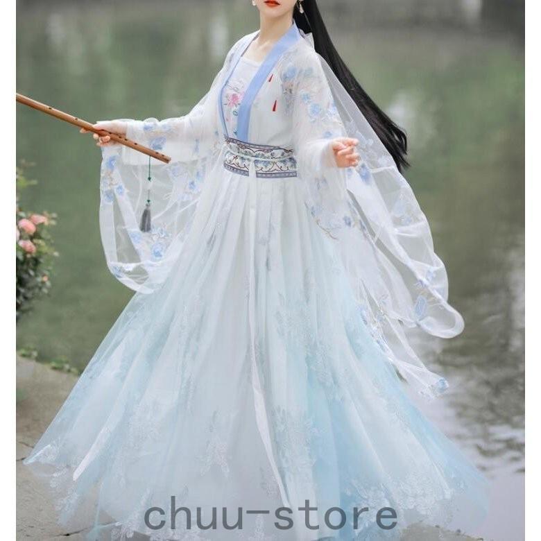 春夏レディース漢服 白 中華風コーディネート 中華服 チャイナ服 チャイナ風 中華古典美人 花刺繍 チャイナドレス 中華娘 仮装 コスチューム 流行に