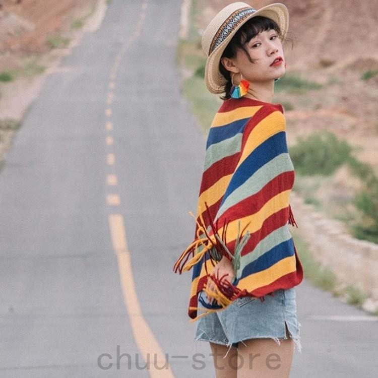 Sale ポンチョニットフリンジざっくり編みレディースケープカラフル虹色大判羽織エスニックins映えアジアンアウターマン ケープ ポンチョ マント カラー 写真色 Www We Job Com