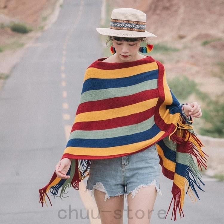 Sale ポンチョニットフリンジざっくり編みレディースケープカラフル虹色大判羽織エスニックins映えアジアンアウターマン ケープ ポンチョ マント カラー 写真色 Www We Job Com