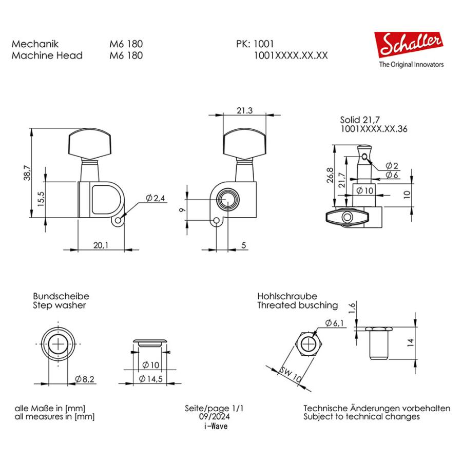 M6 180 BC 3L3R Machine Heads ギター用ペグ 6個セット 【Through】