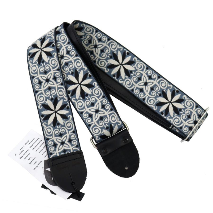 和柄ギターストラップ 扇柄 / 青-黒 京都 西陣織 金襴生地使用 新品