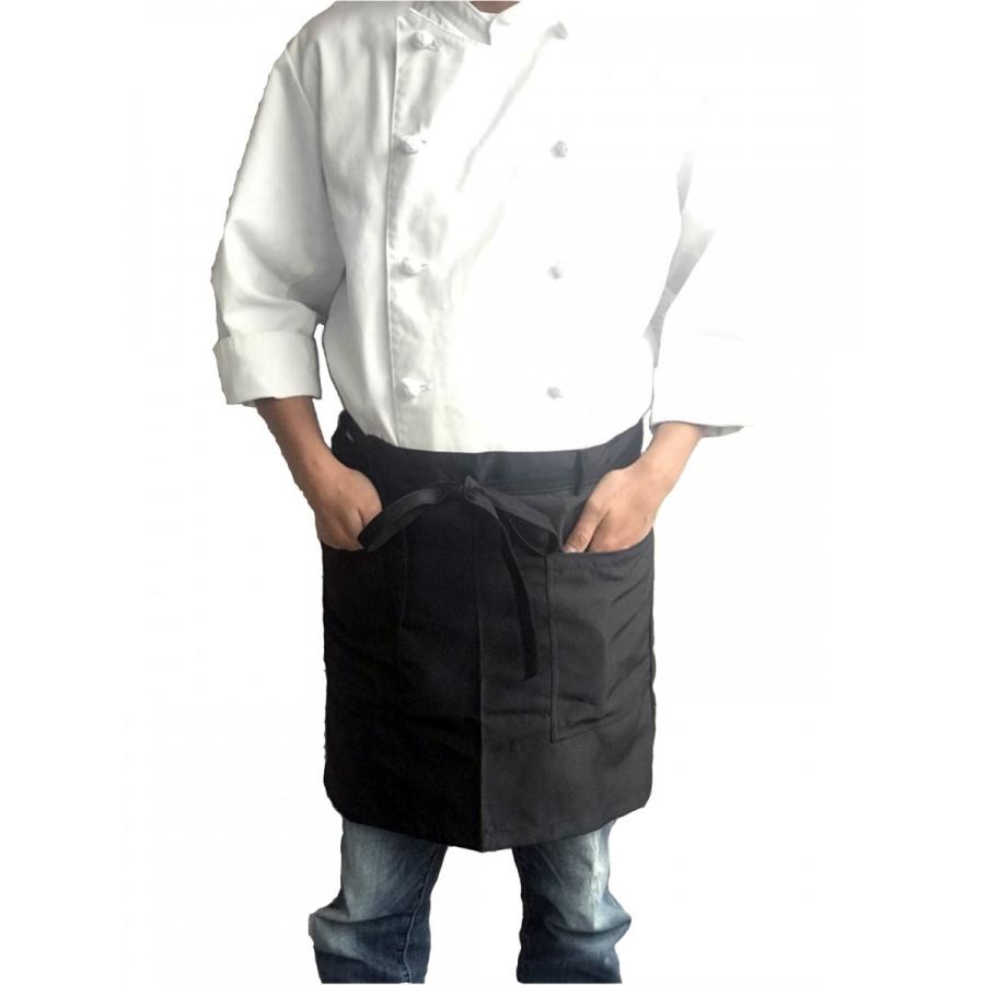 お尻が隠れるショートエプロン XLサイズ 男女兼用 エプロン 業務用 黒 飲食店 キッチン シェフ ソムリエ カフェ 居酒屋 (着丈43.5cm、横幅130cm、ブラック) | 