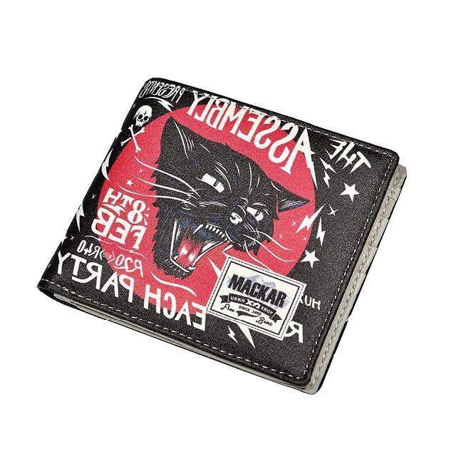 2つ折り財布 メンズ 猫 財布 ねこ柄 ウォレット 黒 ブラック 小物 | 