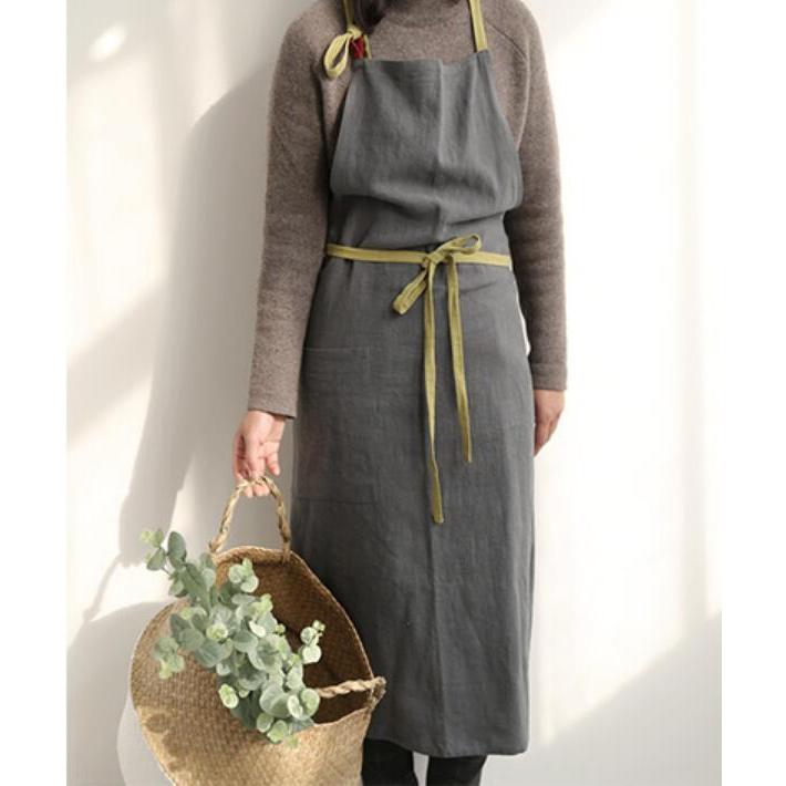 【小さめ】エプロン 首掛け リネン カフェ風 シンプル おしゃれ ナチュラル 北欧 無地 ポケット付き |  | 05