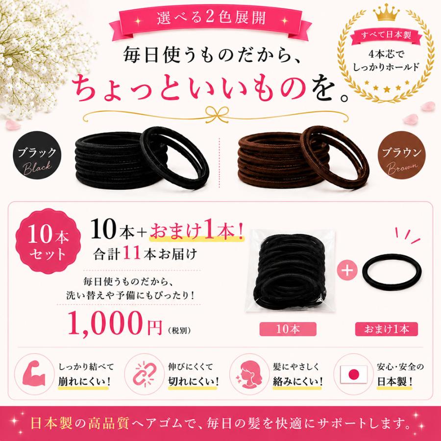 ヘアゴム 日本製 4本芯 切れにくい 伸びにくい 丈夫 毛量が多い 髪が