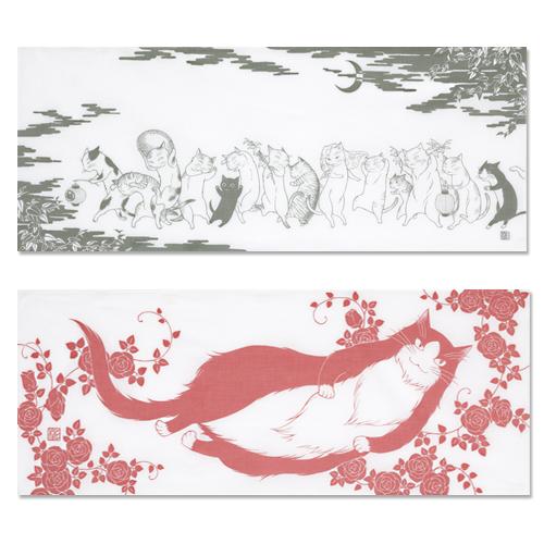 波津彬子先生『猫』手ぬぐい２枚セット「ねこじゃねこじゃ」「ヴィルヘルム薔薇」｜ciao-shop