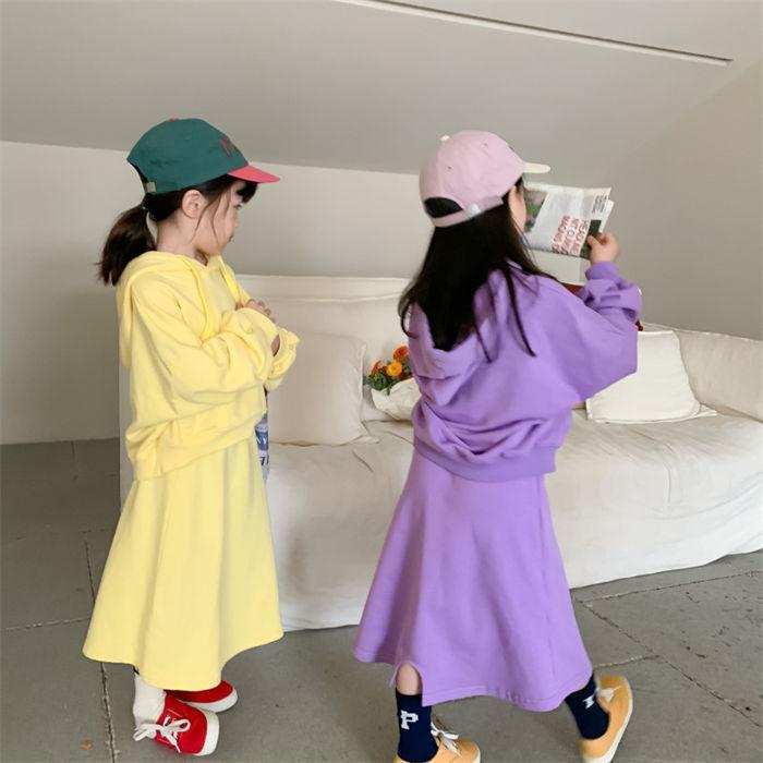 SALE/10%OFF ベビーセットアップ 女の子 パーカー 二点セット 無地 キッズセットアップ ロングスカート ジャージ 子供セット シンプル 子ども服 シンプル スウェット生地 スカート 女の子 無地 韓国子供服