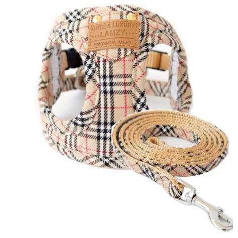 犬の胴輪 ソフトフェザーハーネス ポケットタータン ブラウン