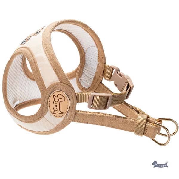 LAMZY（ラムジー） 犬の胴輪 チエックKUMAハーネス ベージュ リード付