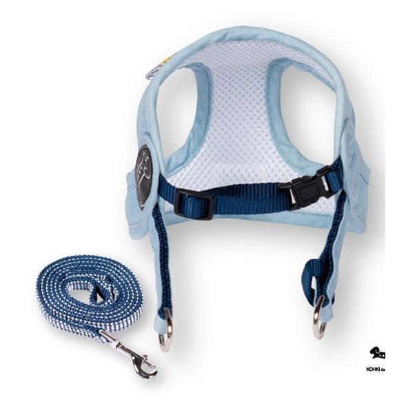 犬の胴輪 ソフトフェザーハーネス ネクタイ ブルー リード付き LAMZY