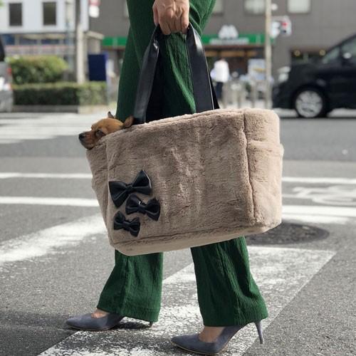 犬のキャリーバッグ GODPIVA ファーリボンキャリーバッグ ベージュ