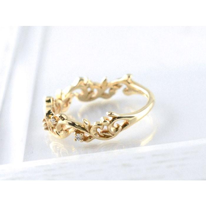 18金 指輪 リング レディース k18 ダイヤモンド イエローゴールドk18 アンティーク リーフ ツタ 18k 重ねづけ 華奢 ホワイトデーの画像