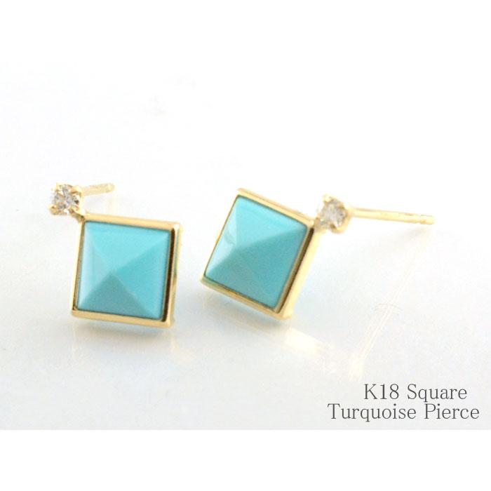 k18 ピアス ターコイズ 天然ダイヤモンド スタッドピアス ピラミタルカット ゴールド トルコ石 レディース 18金 18k プレゼント 青色 ブルー 華奢 人気 誕生石の画像