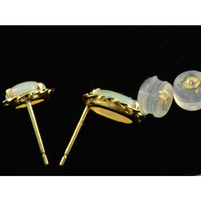 k18 ピアス レディース オパール イエローゴールドk18 スタッドピアス オーバル 18k 18金 オーバルカボションカット パワーストーン 虹色 レインボー シンプルの画像