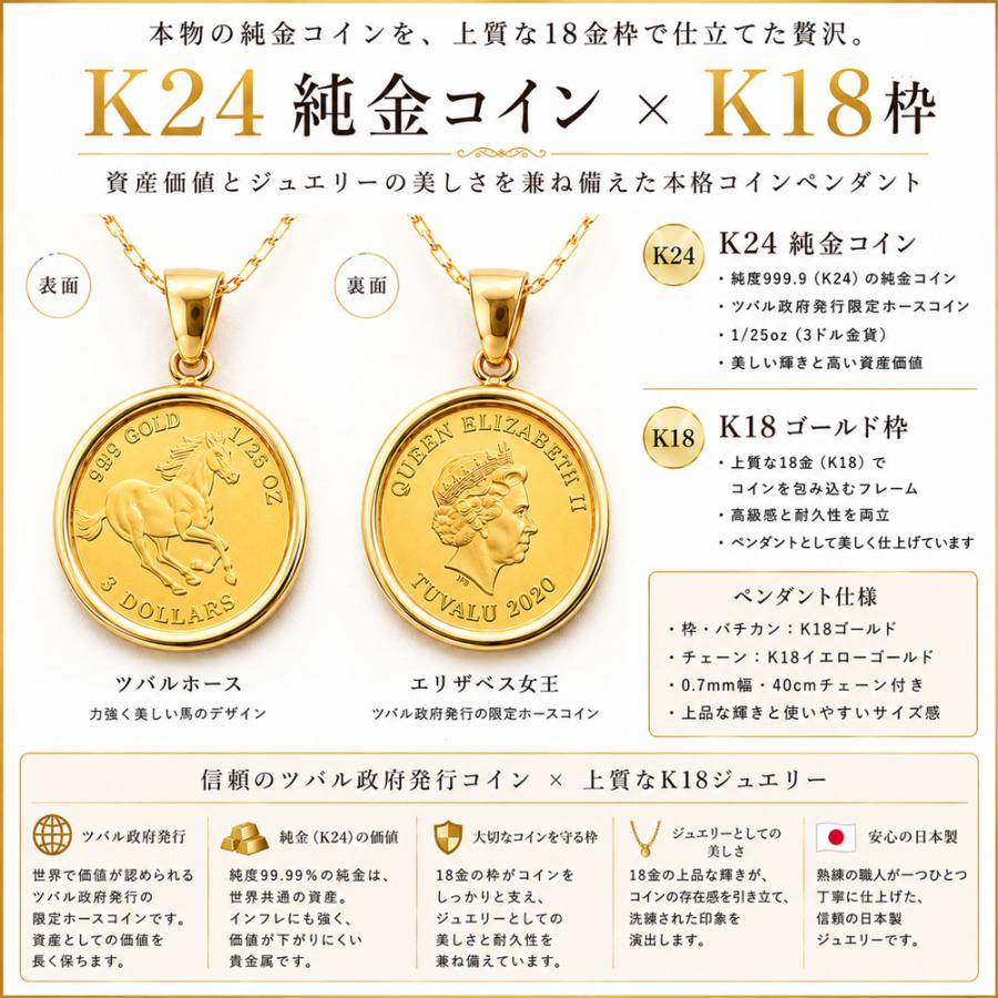 純金 K24 コインネックレス レディース K18枠付き ツバルホースコイン