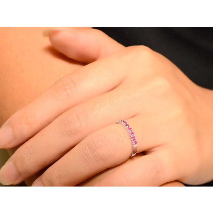 リング レディース 18金 ルビー 指輪 k18 ホワイトゴールド エタニティ ピンキーリング ハーフエタニティ 18k 華奢 重ねづけ 人気 7月誕生石 クリスマスの画像