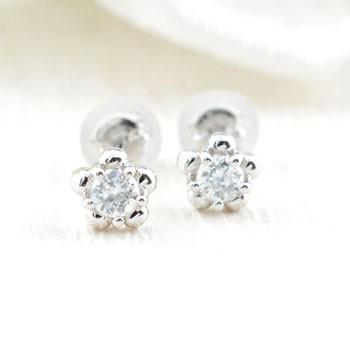 ピアス 18金 レディース ダイヤモンド 1粒 ダイヤ フラワー ホワイトゴールドk18 18k シンプル 誕生日 花 一粒ダイヤモンド ピアス  クリスマスの画像