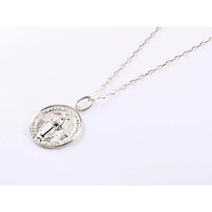 コイン ネックレス レディース k18 コインタイプ マリア コインモチーフネックレス 聖母マリア 18k 18金 ホワイトゴールドk18 シンプル 地金  ホワイトデーの画像