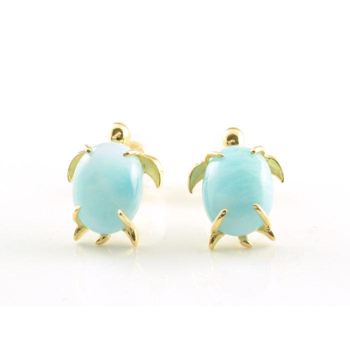 ピアス レディース 18金 ラリマー スタッドピアス K18 イエローゴールド 18k ブルーペクトライト ホヌ ウミガメ 幸運 ハワイ パワーストーン ジュエリー ギフトの画像