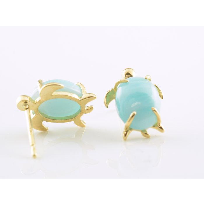 ピアス レディース 18金 ラリマー スタッドピアス K18 イエローゴールド 18k ブルーペクトライト ホヌ ウミガメ 幸運 ハワイ パワーストーン ジュエリー ギフトの画像