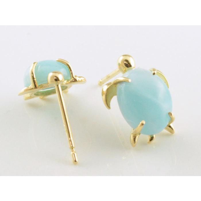 ピアス レディース 18金 ラリマー スタッドピアス K18 イエローゴールド 18k ブルーペクトライト ホヌ ウミガメ 幸運 ハワイ パワーストーン ジュエリー ギフトの画像