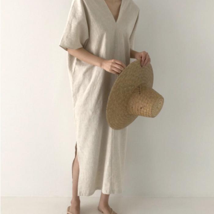 ワンピース 夏 レディース リネン Vネック 綿麻 リネンワンピース 麻