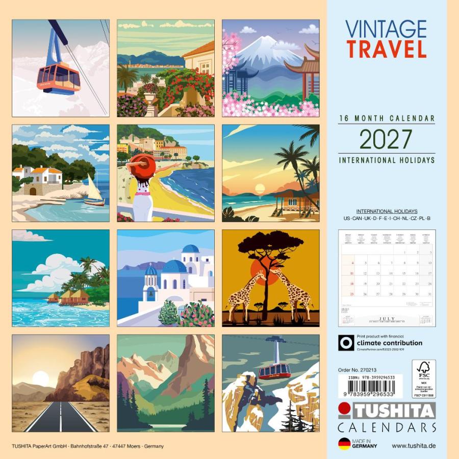 2027 Calendar TUSHITA 壁掛けカレンダー2027年 Vintage Travel ハート