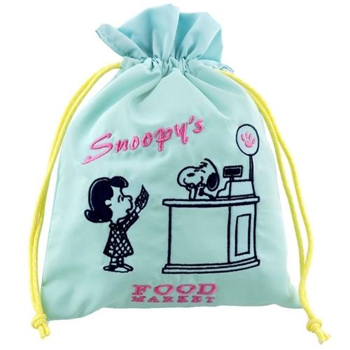 セール特価 スヌーピー キャラクター 巾着袋 刺繍 きんちゃくポーチ Delicious Food Market ライトブルー ピーナッツ Riosmauricio Com
