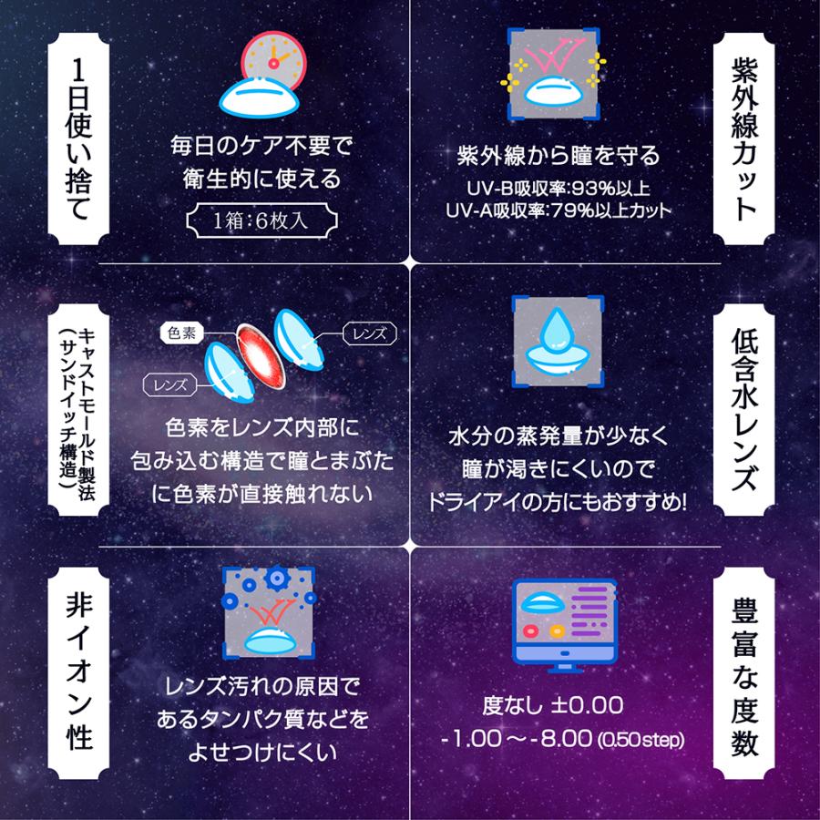 全8色 コスプレ カラコン ギャラクシーアイドル ワンデー 6枚入り アイキャッチ 光ヴェール キラキラ 高発色 14.2mm 1day 度あり 2次元 青 赤 紫 緑 黄色 水色 |  | 03