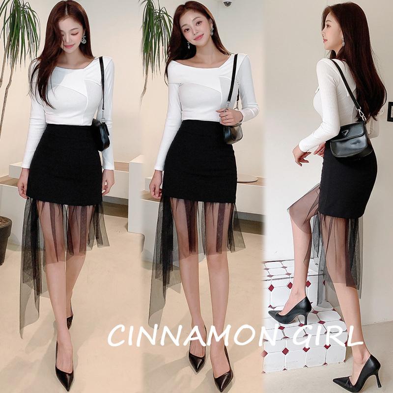 切替アシメントリースカート　ホワイト　ブラック　S/M(lam)(210915)