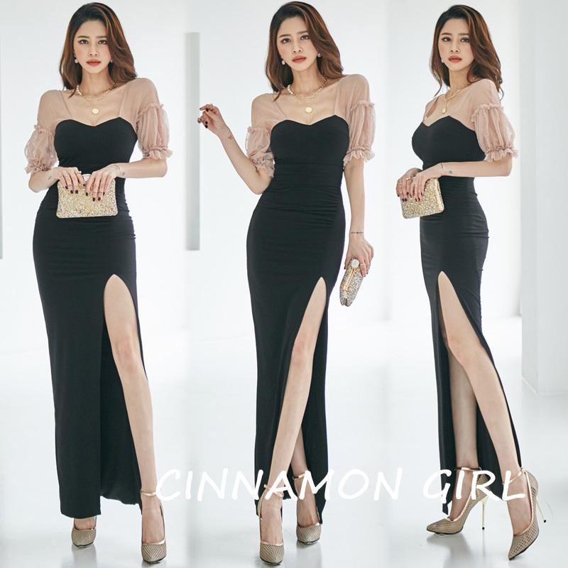 【PREMIUM】【最高級★LUXURY STYLE】【夏♪新作】【全2色】配色ロングドレス ワンピース ベージュ ブラック S/M/L【see-y052003lux】(mja)(0610)