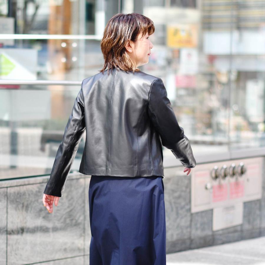 エンメティ ノーカラー レザージャケット レディース ラムレザー 40サイズ エンメティ ノーカラー レザージャケット レディース ラムレザー