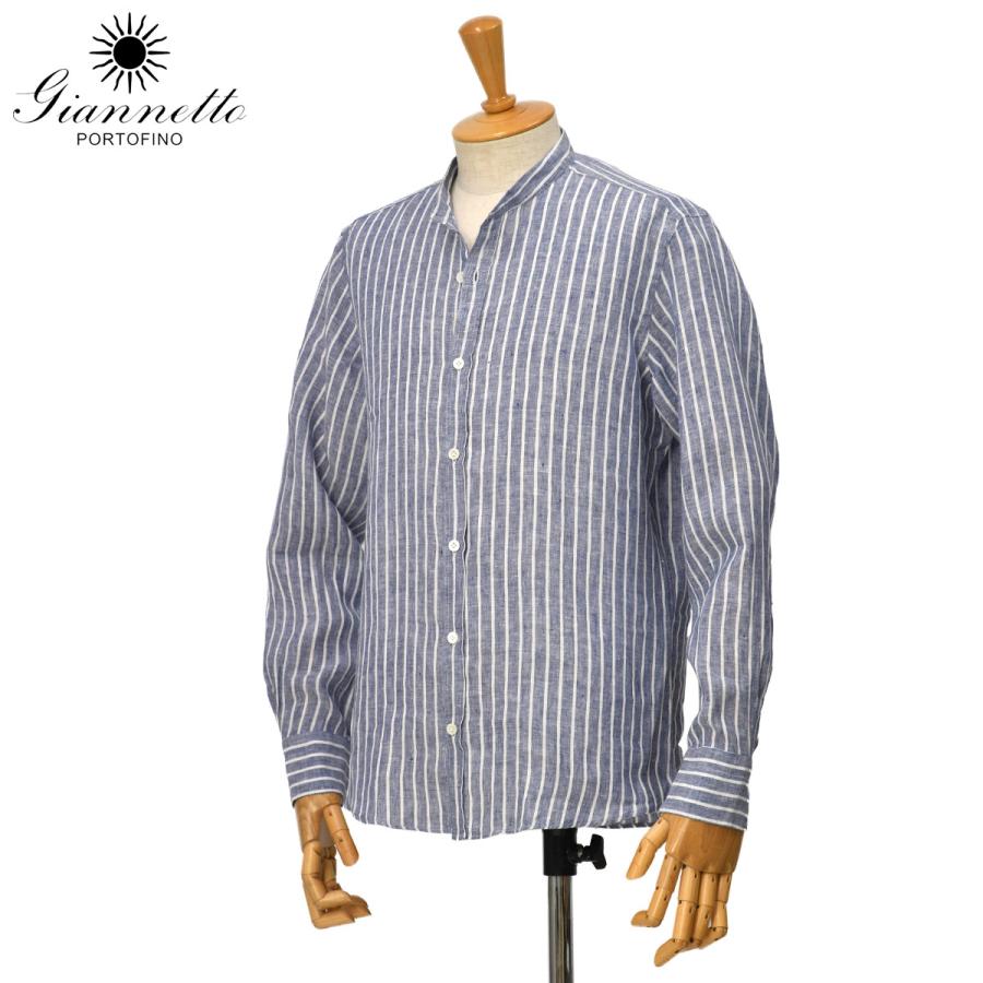 Giannetto【ジャンネット】リネンバンドカラーシャツ VINCIFIT(Relax recommend) 866700VLU 0009 ストライプ ネイビー