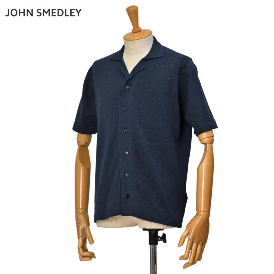 JOHN SMEDLEY【ジョンスメドレー】アイレット柄半袖カーディガン 24G ROWARTH FRENCH NAVY シーアイランドコットン ネイビーブルー | JOHN SMEDLEY