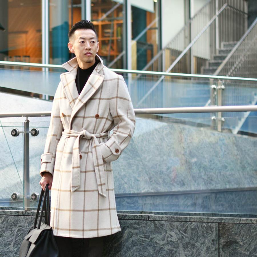 TITO ALLEGRETTO【ティト アレグレット】ダブルベルテッドコート 3890 DOPPIO FANCY ウール ナイロン チェック ベージュ×キャメル |  | 07