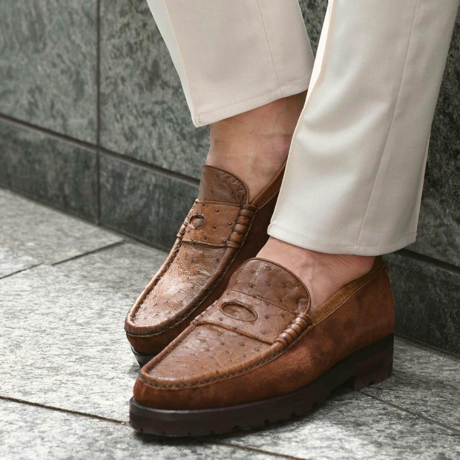 ANTONIO PIO MELE【アントニオピオメーレ】CAPRI コンビコインローファー STRUZZO SUEDE オーストリッチ スエード ミディアムブラウンの画像