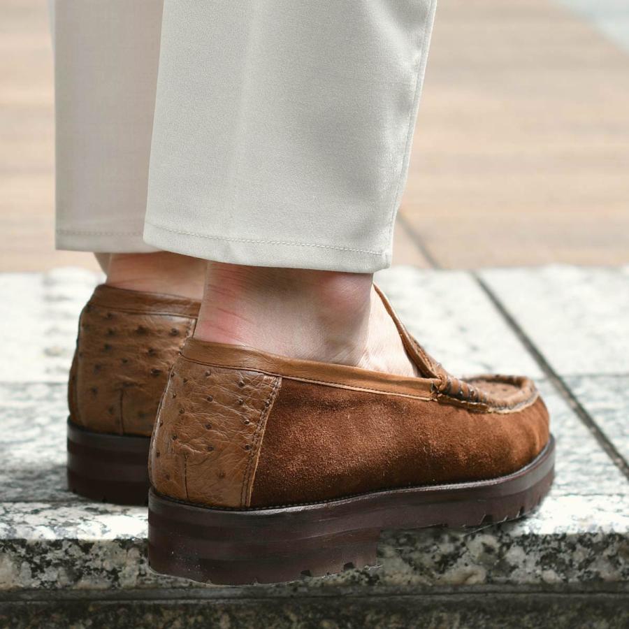 ANTONIO PIO MELE【アントニオピオメーレ】CAPRI コンビコインローファー STRUZZO SUEDE オーストリッチ スエード ミディアムブラウンの画像