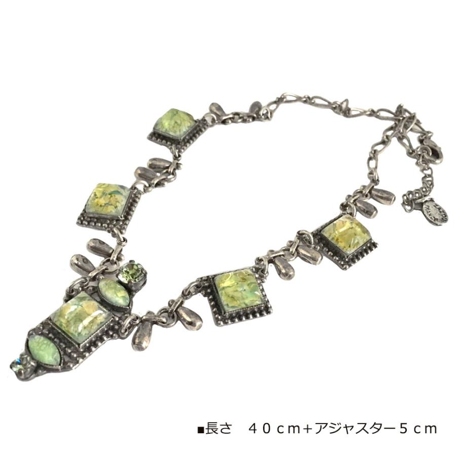 フランス製ネックレス　レディースアクセサリー　フランスのハンドメイドジュエリー　スクエアー＆ドロップ　グリーン　