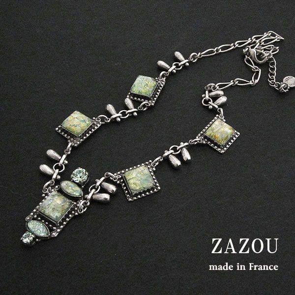 フランス製ネックレス　レディースアクセサリー　フランスのハンドメイドジュエリー　スクエアー＆ドロップ　グリーン　