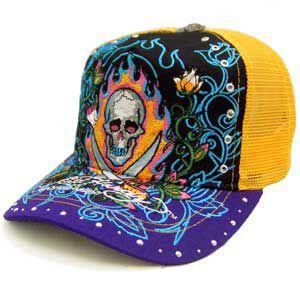 ED HARDY Rhinstone Cap 13Skull Black/Yellow/Purple エドハーディー ラインストーン キャップ 13スカル ブラック/イエロー/パープル｜cio