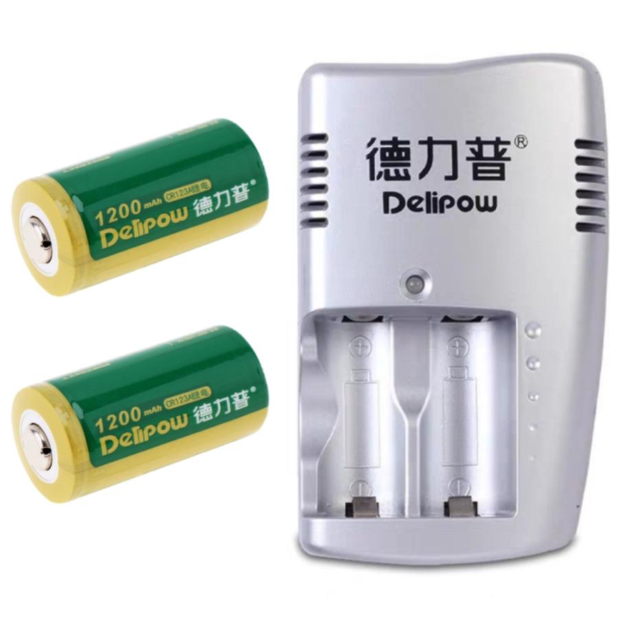 デリパワー CR123A 3V 1200mAh リン酸鉄リチウム充電電池 セット(800-0116 充電電池2本、800-0117 充電器1個) グリーン 1セット Delipow CR123A 3V 1200mAh | 
