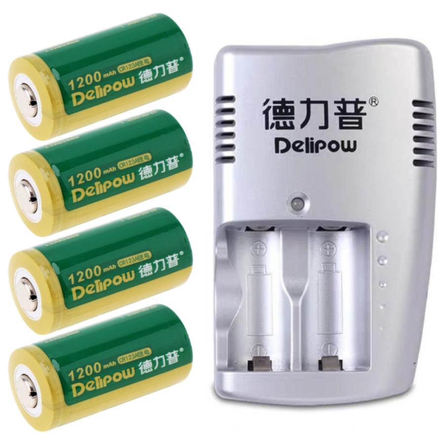 デリパワー CR123A 3V 1200mAh リン酸鉄リチウム充電電池 セット(800-0116 充電電池4本、800-0117 充電器1個) グリーン 1セット Delipow CR123A 3V 1200mAh | 