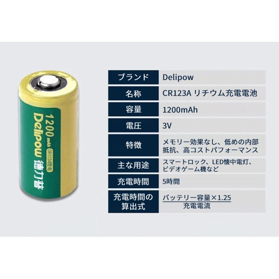 デリパワー CR123A 3V 1200mAh リン酸鉄リチウム充電電池 セット(800-0116 充電電池6本、800-0117 充電器1個) グリーン 1セット Delipow CR123A 3V 1200mAh |  | 04