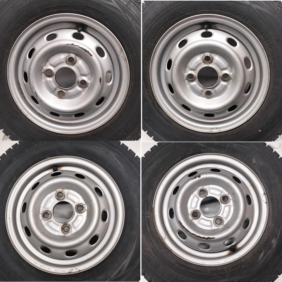 ◆本州・四国は送料無料◆ ＜スタッドレス \u0026 ホイール 4本＞ 145/80R12 LT ダンロップ 12x4.00B スバル 純正 4H -100 サンバー等に！の画像