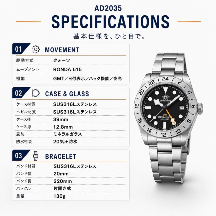 腕時計 メンズ GMT クォーツ RONDA 515 20気圧防水 39mm SUS316L