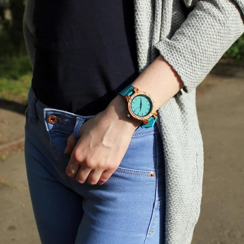 ペアウォッチ カップル 夫婦 木製腕時計 ウッドウォッチ ペア価格 革ベルト 金属アレルギー ターコイズブルー C28 | BOBO BIRD | 13