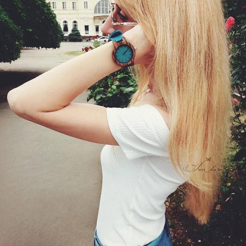 ペアウォッチ カップル 夫婦 木製腕時計 ウッドウォッチ ペア価格 革ベルト 金属アレルギー ターコイズブルー C28 | BOBO BIRD | 14